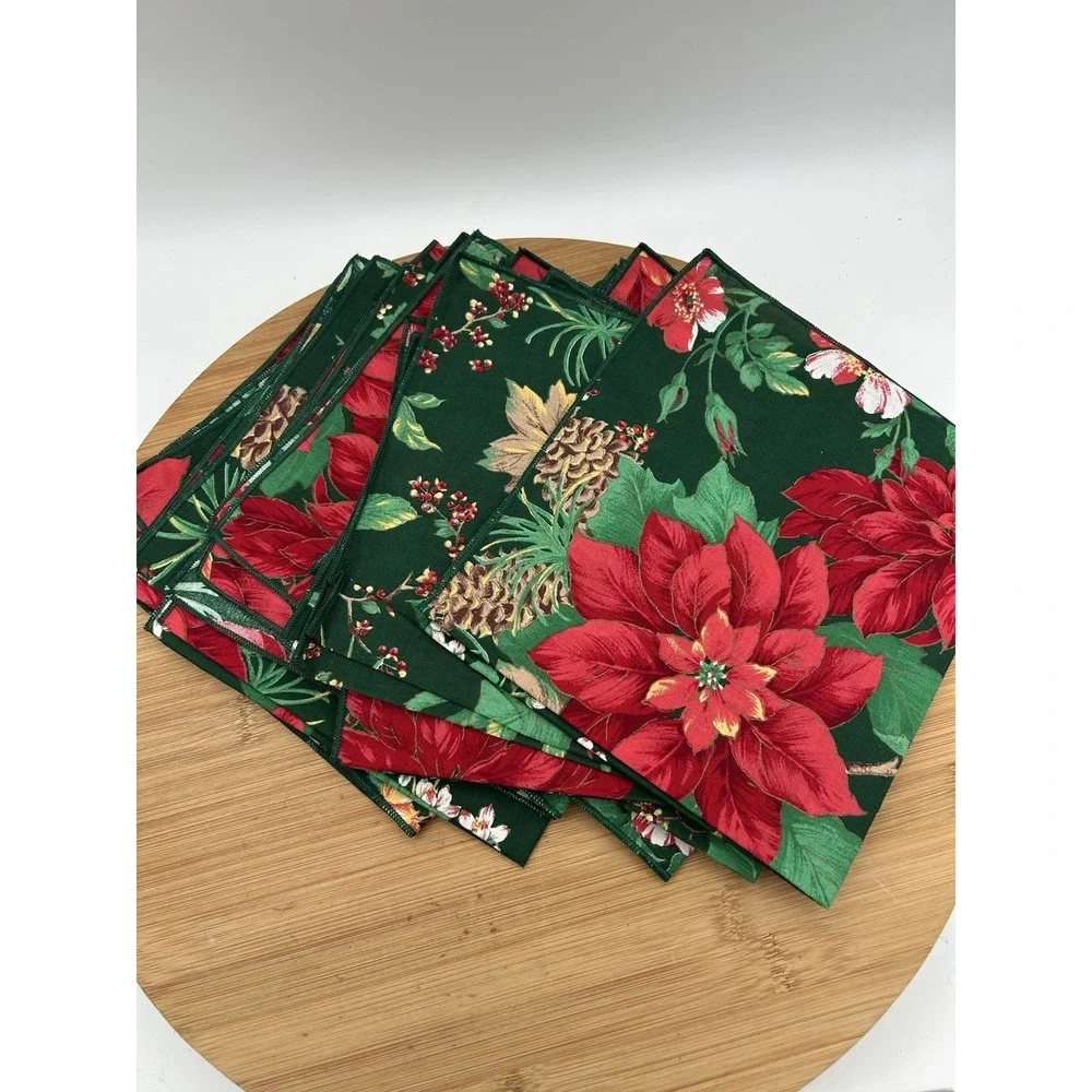 Holiday Botaical Napkins Christmas Winter Poinsettia Pine Cones Berries‎ 16x17
